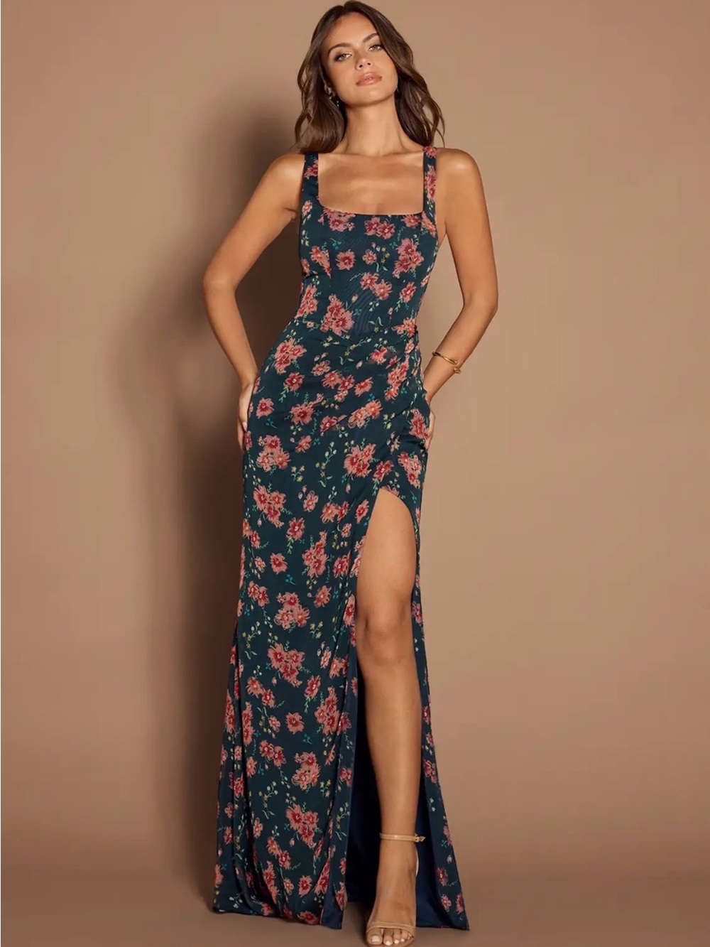 Floral Azazie Square-Neck Maxi Dress with High Slit - Teal Floral